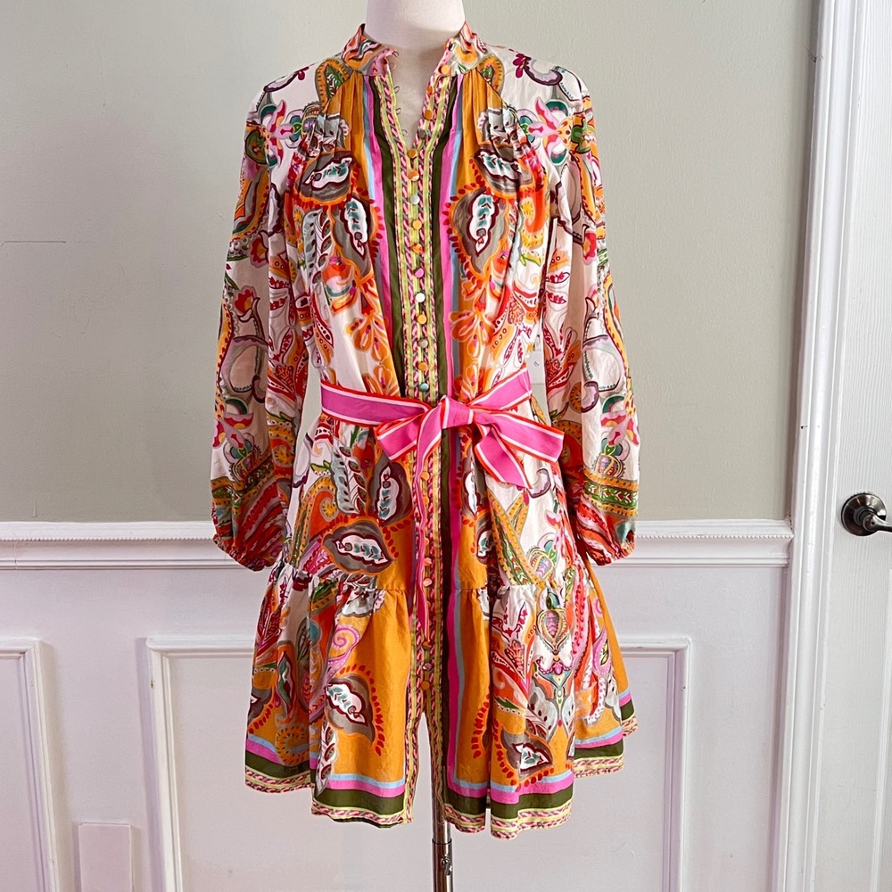 Antonio Melani Mini Dress 0 XS Womens Paisley Tiered Long Sleeve Orange Boho